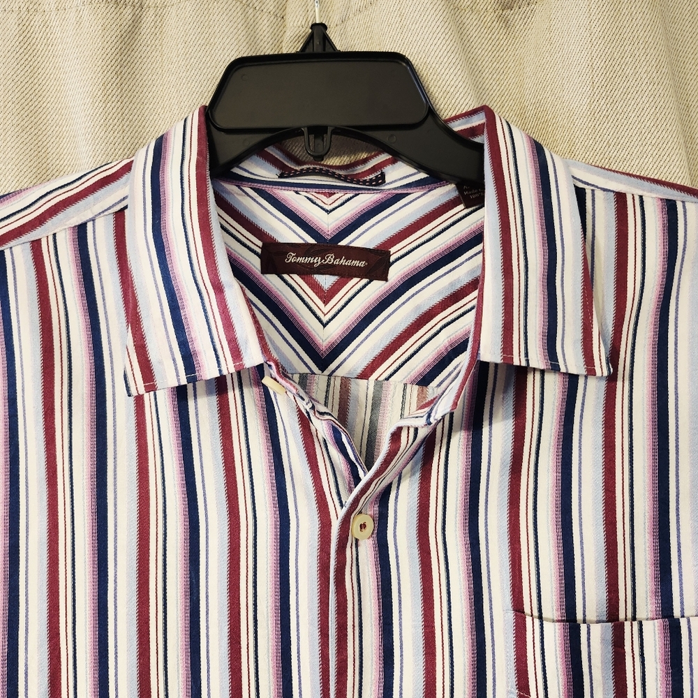 Tommy Bahama Red Pink Navy  Striped Silk Long Sleeve XXL Natural Fibers Eclectic
